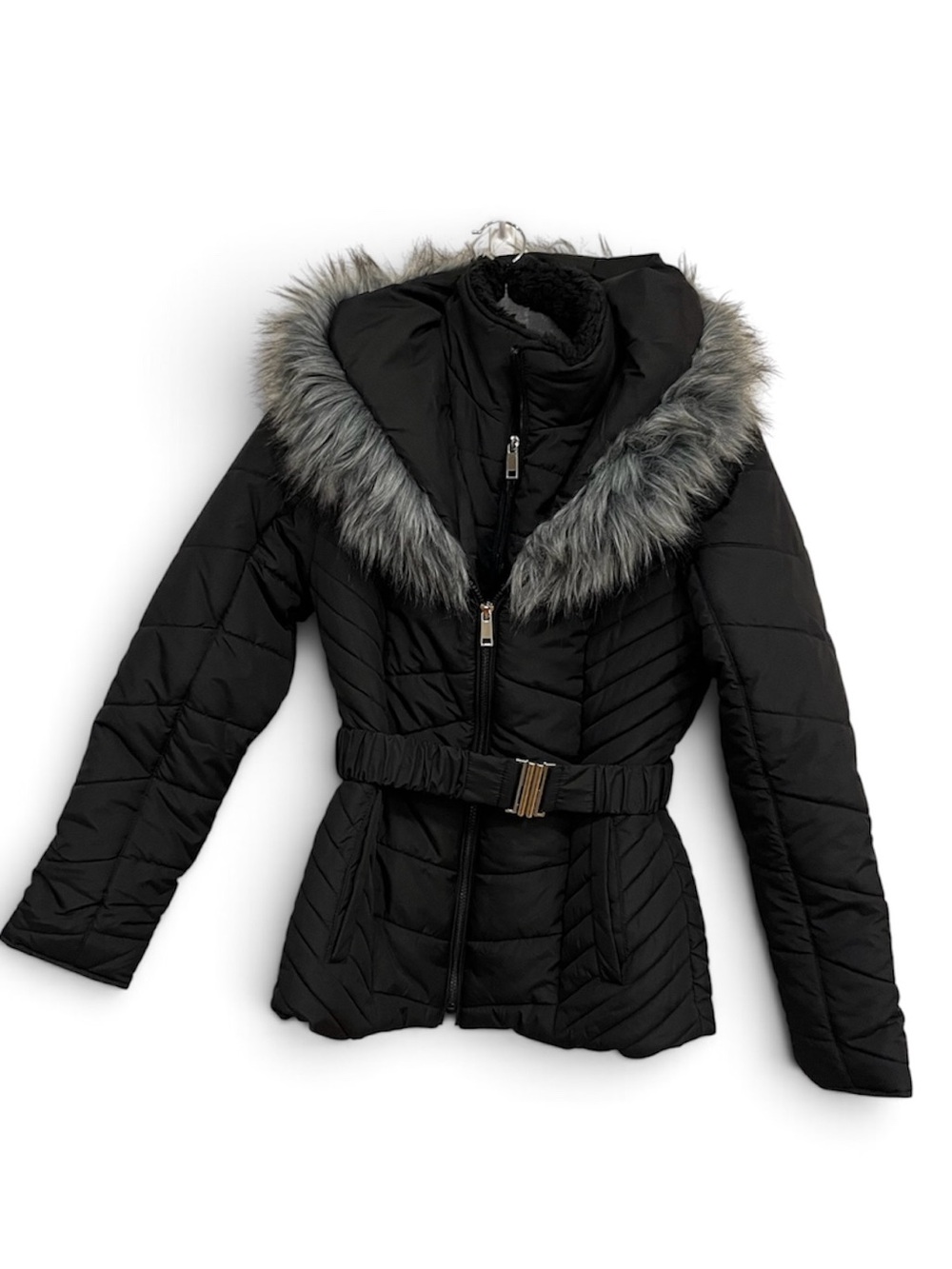 Maralyn & Me Black Quilted Belted Puffer with Faux Fur Hood Trim